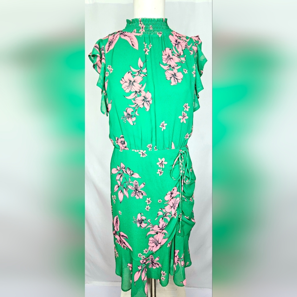 Sam Edelman Floral Smocked High Neck Ruffle Dress - Green/Pink‎ Size 8 NWOT